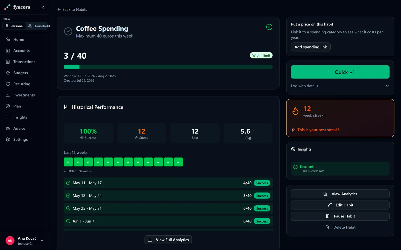 A capped café habit on a 12-week streak with its spending link