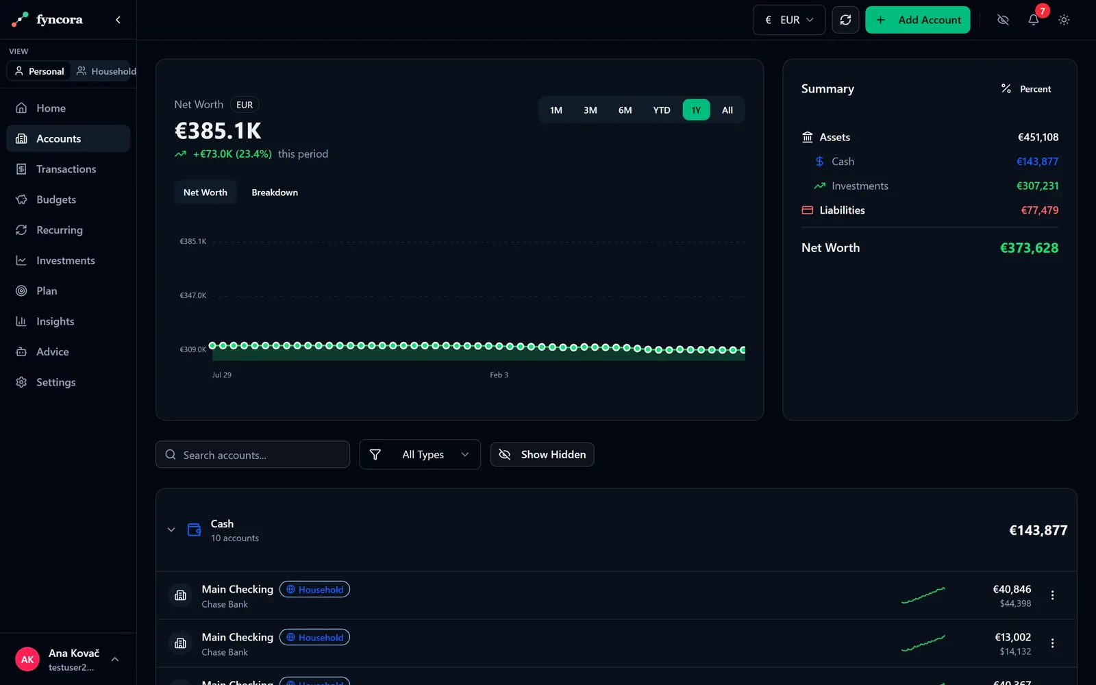 Fyncora accounts page with a rising net-worth chart