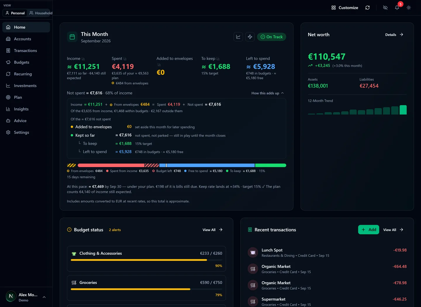 The full dashboard with sidebar: This Month, Net worth, Budget status and Recent transactions